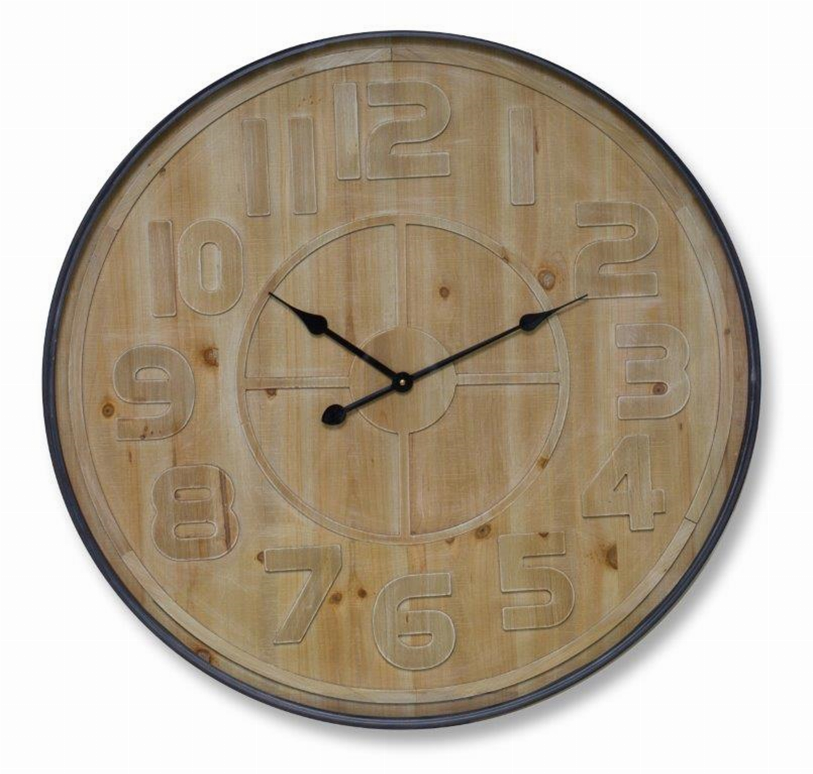 Round wall clock with dark iron frame and tan MDF face, raised number markers and black hands