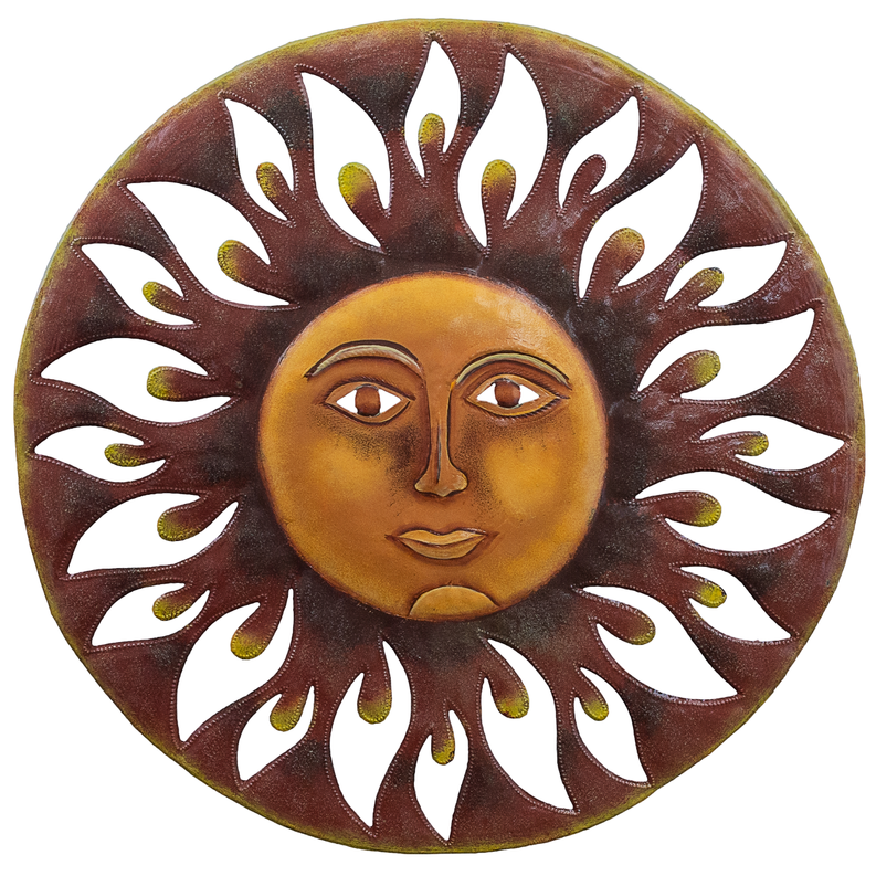 Round sun wall decor with smiling face, white flame cutouts and golden rays