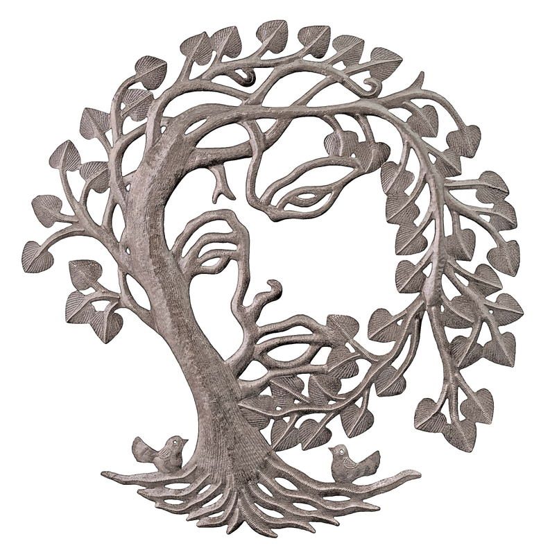 Recycled steel decorative wall art: tree-face silhouette with birds and leaves