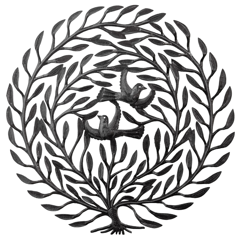 Steel decorative tree wall art with curled branches and two small birds, black finish