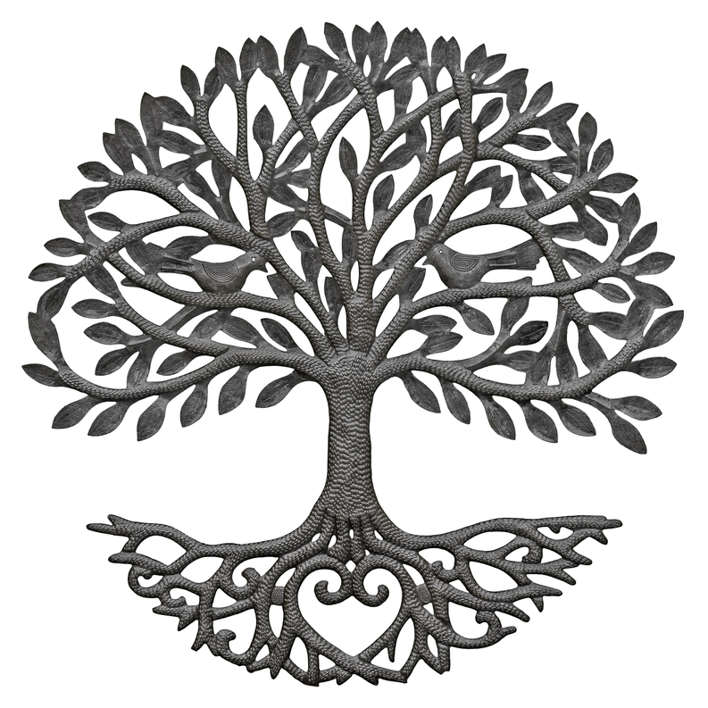 Recycled steel heart root tree wall decor with ornate branch cutouts