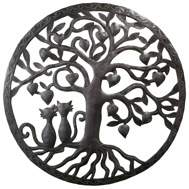 Round dark metal wall art with heart tree and cat silhouettes
