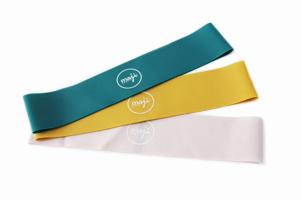 Pack of three loop resistance bands: teal, yellow, and light gray loops