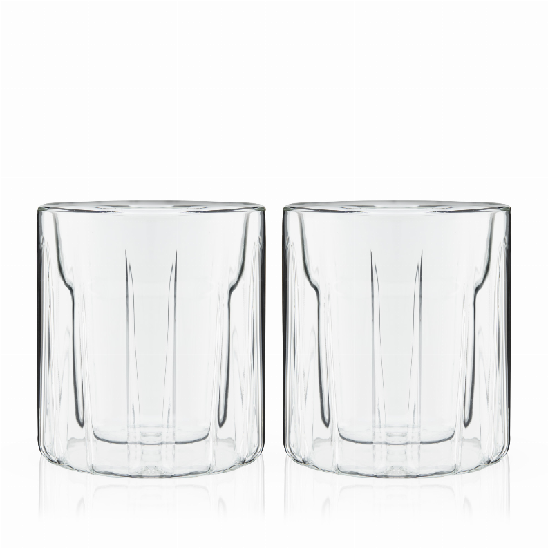 Double-walled rocks glasses set of two, clear glass tumblers with rounded base