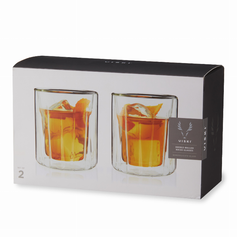 Double-walled rocks glasses set of 2, clear glass with amber drink and ice, in box