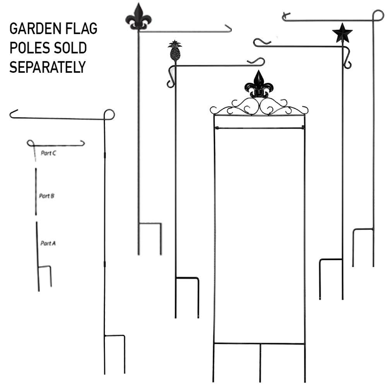 Garden flag pole mounting diagram with multiple bracket and pole configurations