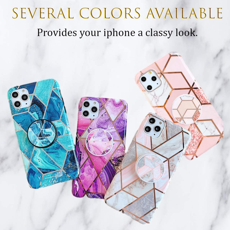 Coral geometric marble hard phone case with pop socket, protective PC bumper shell