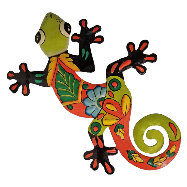 Small painted green gecko figurine with red body and spiral tail, colorful leaf accents