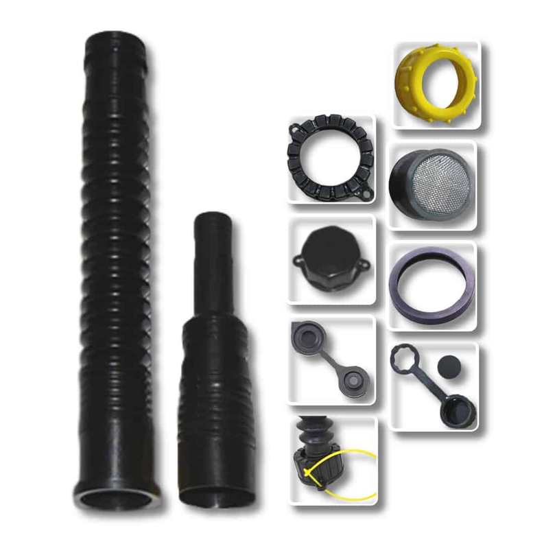 Fuel reducer spout and cap set with black rubber fittings and yellow retaining ring
