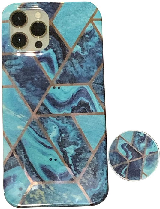 Geometric marble phone case with pop socket, teal-blue and tan hexagon pattern