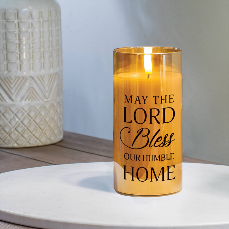 Amber LED candle with gold scripture text panel on front