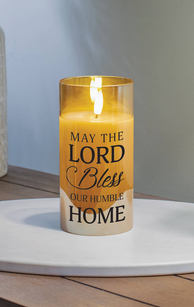 Amber LED candle with gold 'Lord' and 'Home' lettering, lighted