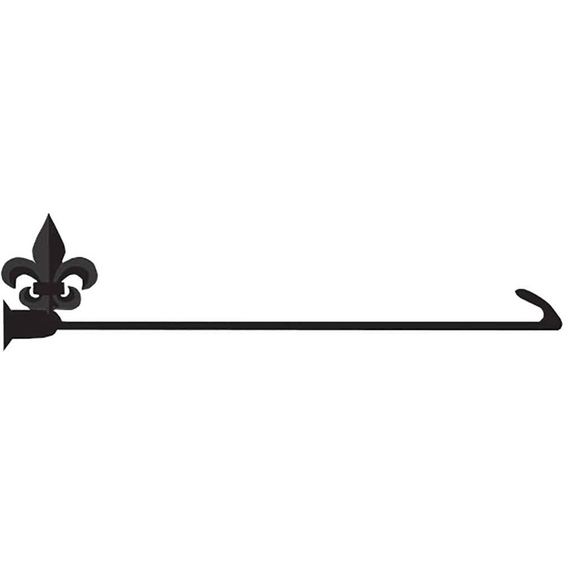 Fleur-de-lis garden arm with curled end, black metal wall mount bracket