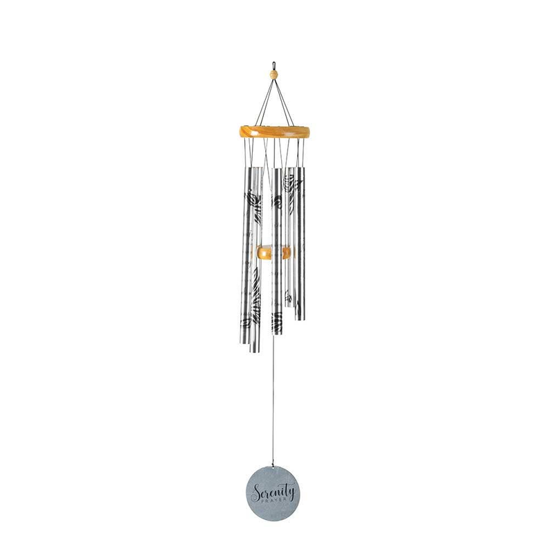 Serenity prayer wind chime with circular Serenity medallion and hanging metal tubes