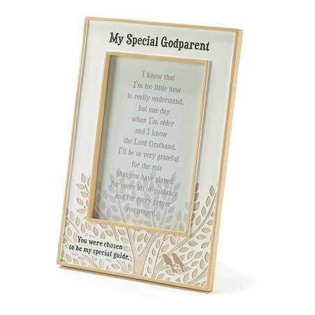 Special godparent keepsake frame with gold border, white backing, leaf cutouts, verse text