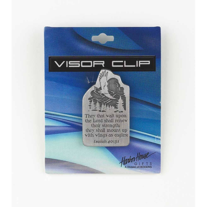 Car visor clip with silver decorative Isaiah 40:31 emblem