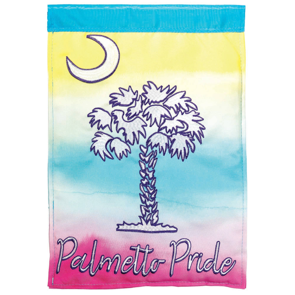 Applique garden flag with moon and palm tree; 'Palmetto Pride' in purple on gradient.