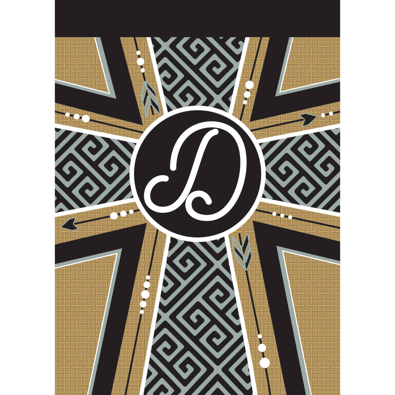 Monogram D garden flag with black-and-gold geometric radial design and cursive D emblem