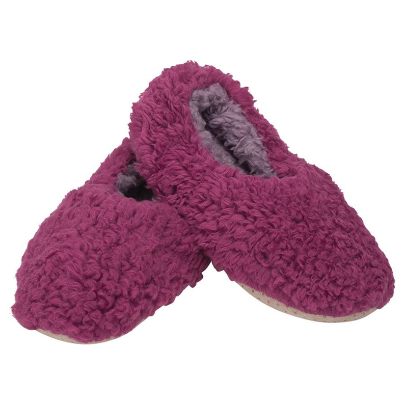 Purple plush slip-on indoor slipper with fuzzy texture and gray interior lining.