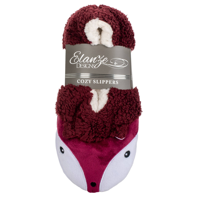Fox plush lined slippers, maroon fuzzy upper with white inner cuff