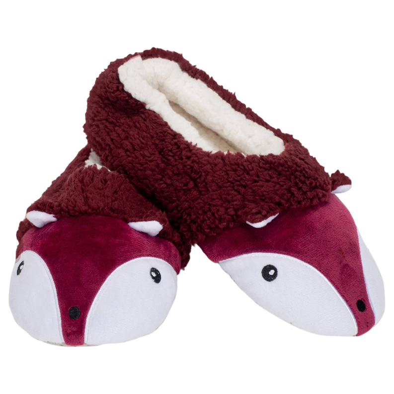 Fox plush slippers pair, maroon fuzzy top with white face details and lining