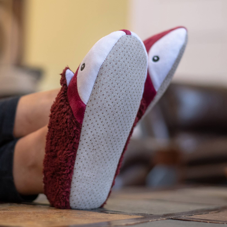 Fox plush slipper with textured non-slip sole and white interior lining