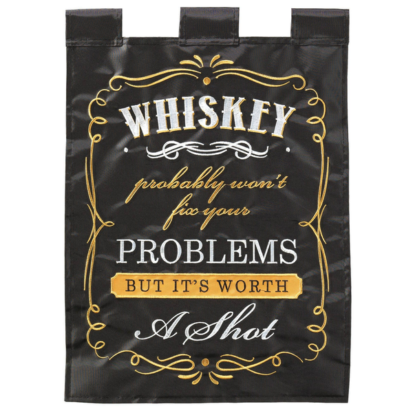 Black polyester garden flag with gold and white whiskey quote typography