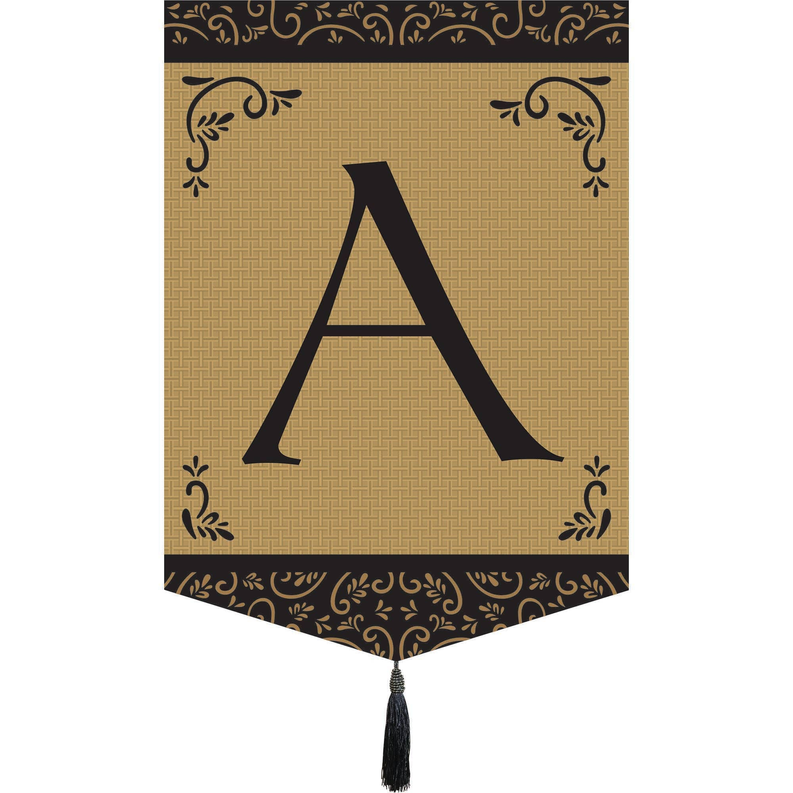Burlap garden monogram flag with letter A and black tassel fringe at bottom