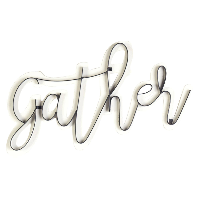 Wood and metal wall plaque featuring “gather” script lettering with black outline