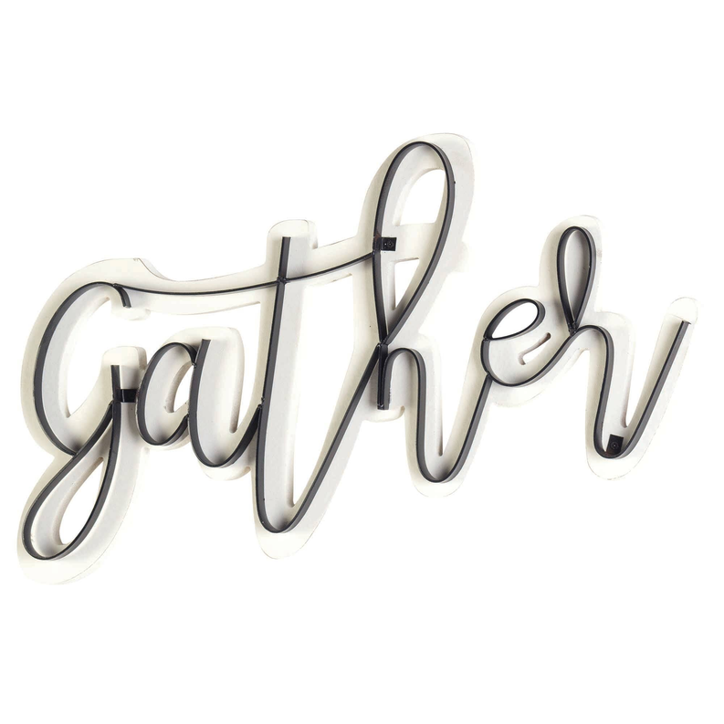 Wood and metal wall plaque with cursive “gather” lettering in black on white