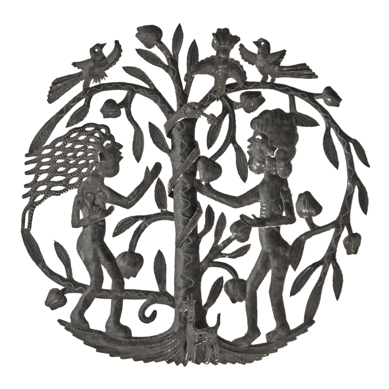 3D metal wall art, circular Adam and Eve scene with birds and foliage, dark steel