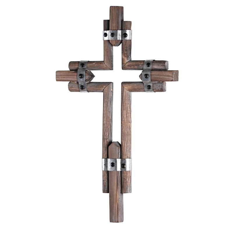 Wood wall cross with metal bands on arms and central vertical bar, small diamond plate