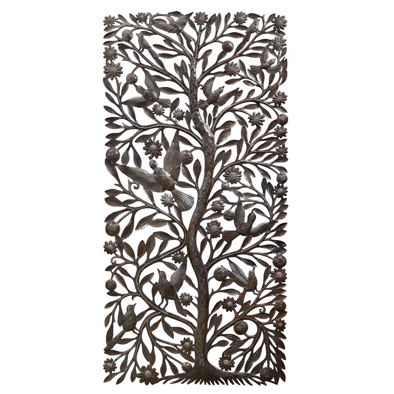 Front view rectangular tree of life metal panel with bird figures and leaf scrollwork