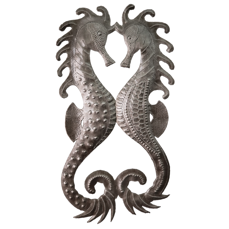 Recycled steel seahorse metal wall decor with two mirrored seahorses