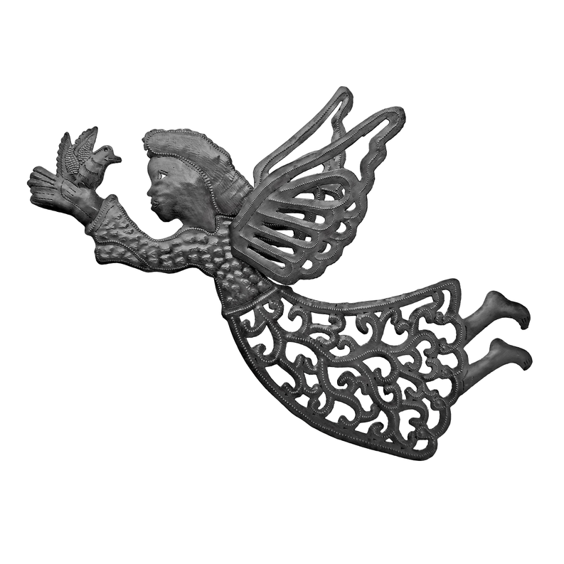 Dark gray metal angel wall decor with layered 3D wings and curled filigree