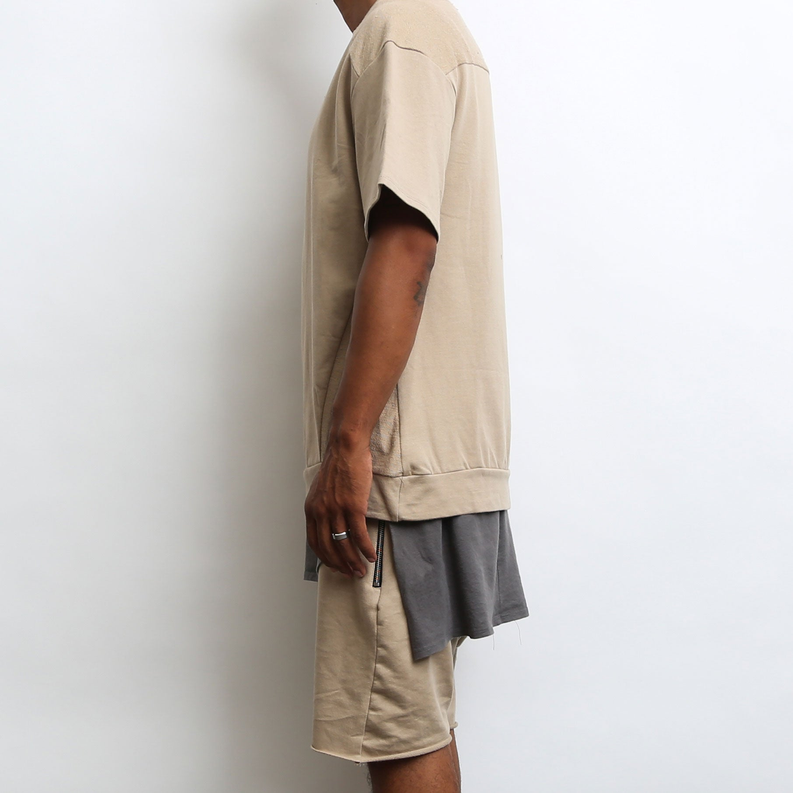 Khaki crewneck short-sleeve terry tee with relaxed fit and curved hem