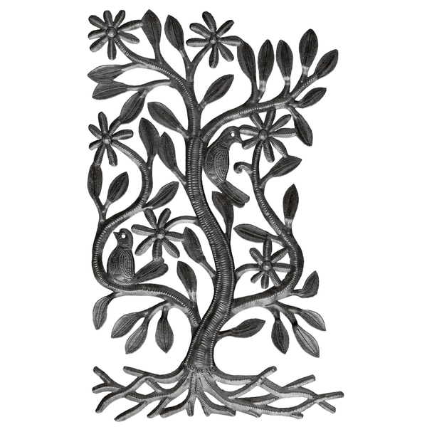 Vertical metal bush wall art with leaf cutouts and two birds, dark recycled steel