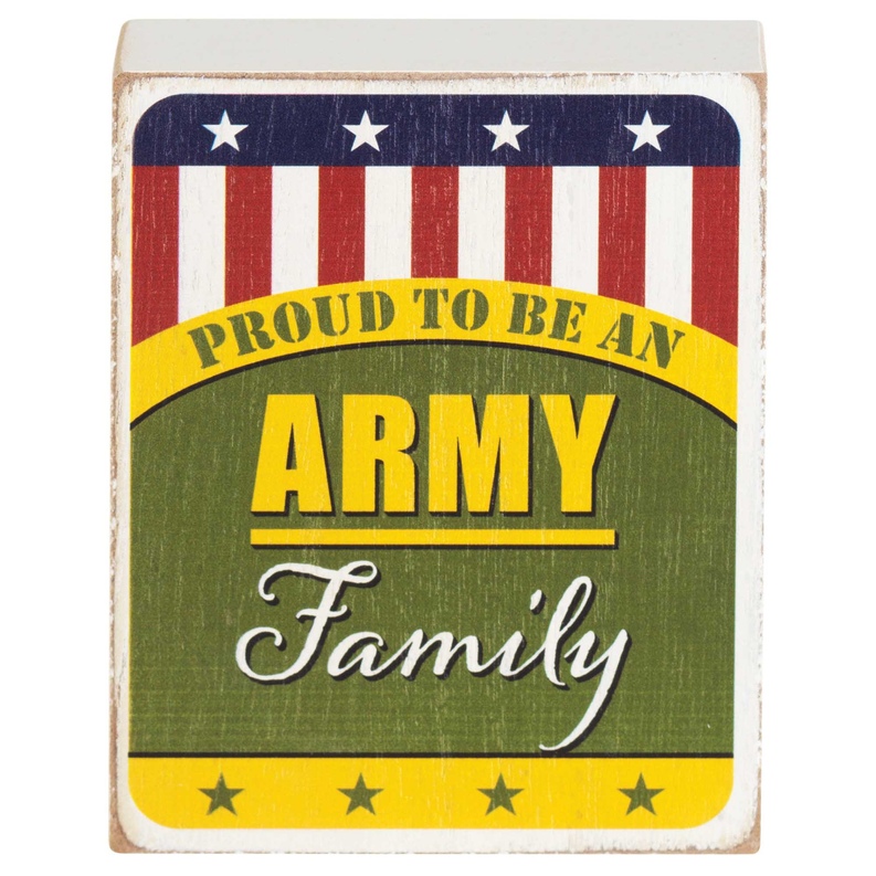 Wood tabletop plaque front with American flag stripes and 'Army Family' text in green.