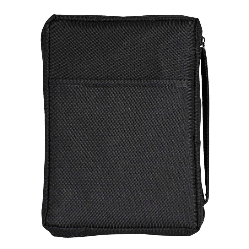Black Bible cover back panel with zippered edge and attached side strap