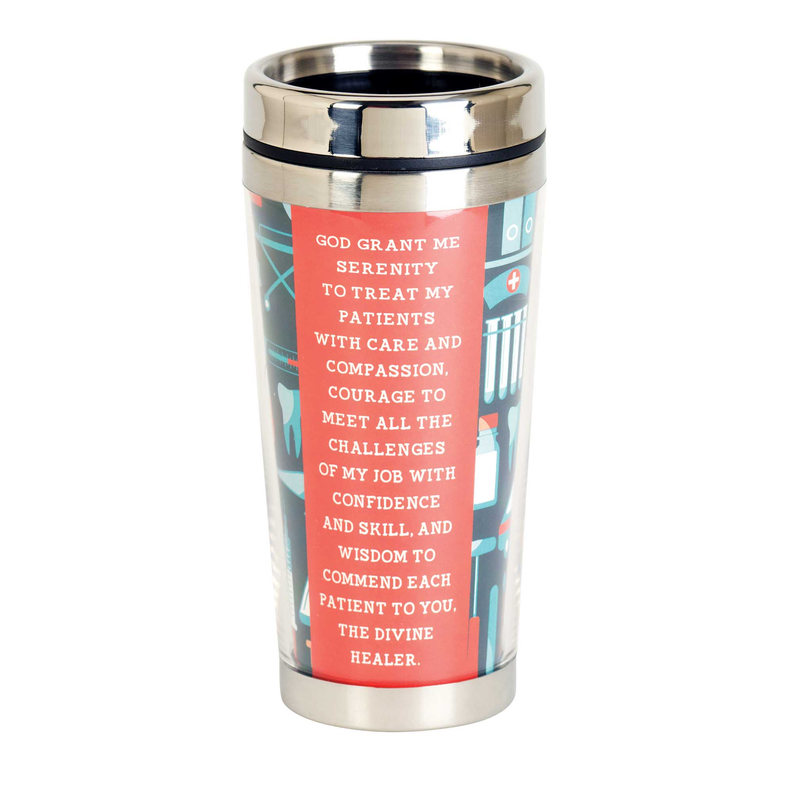 16 oz stainless travel mug with Serenity Prayer quote and teal medical icons