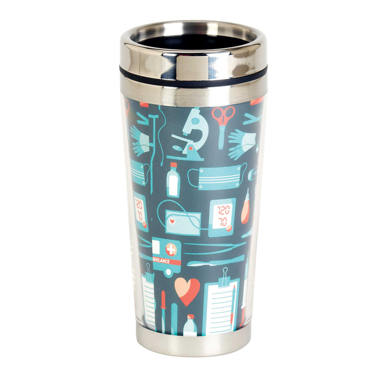 16 oz stainless travel mug with teal medical icon pattern, heart, pills, and cards