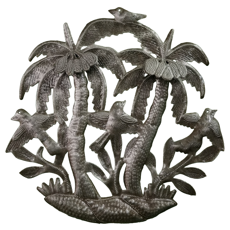 Dark gray metal palm tree wall decor with 3D coconuts and birds, round base