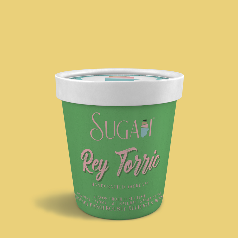 Green ice cream cup with white lid and pink "Rey Torric" label