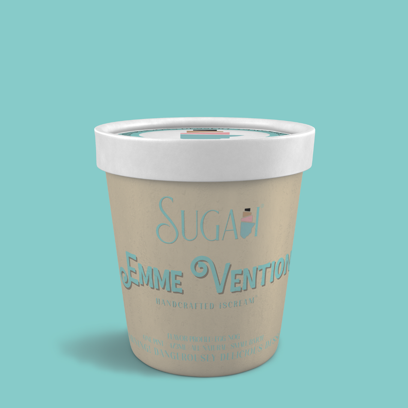 Ice cream pint tub with white lid and printed label
