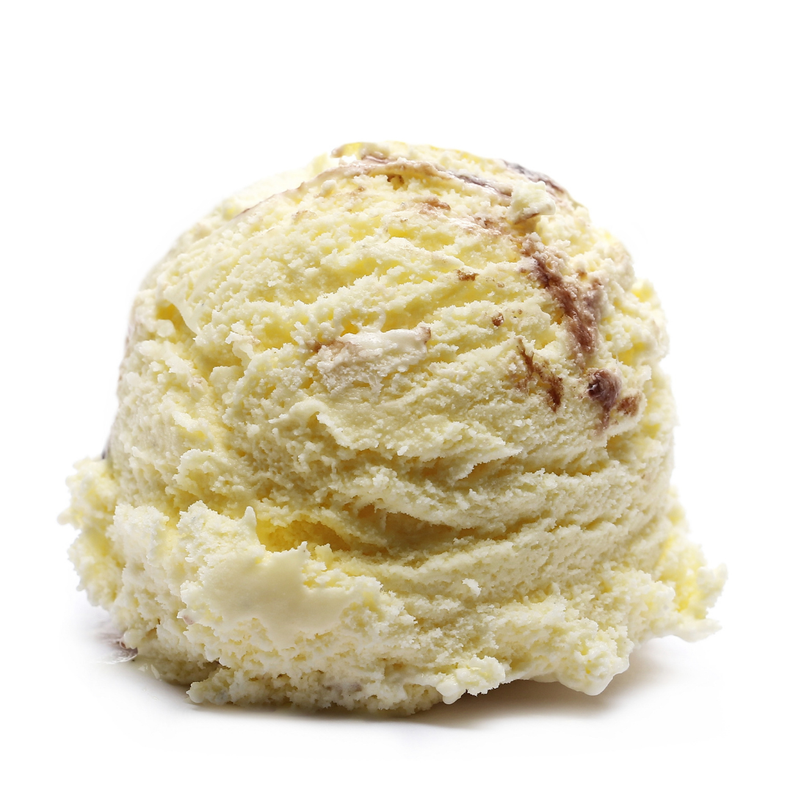 Cream-colored vanilla ice cream scoop with brown crumble bits