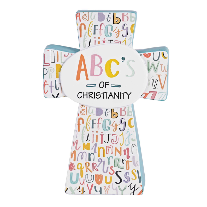 Tabletop cross with front round sign reading “ABC’s of Christianity”