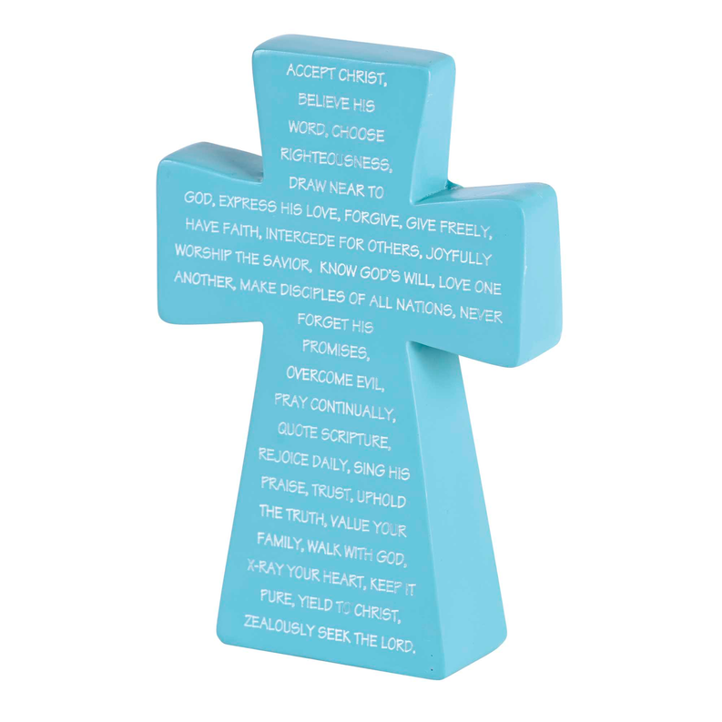 Tabletop cross with blue front panel of inspirational quote text
