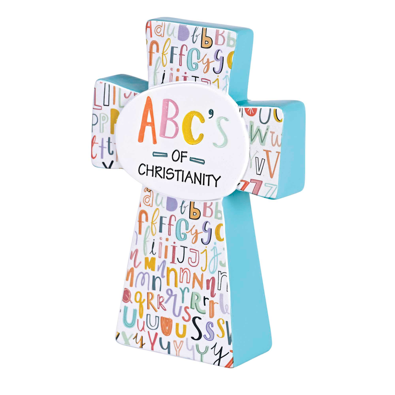 Tabletop cross with “ABC’s of Christianity” sign and colorful alphabet sides