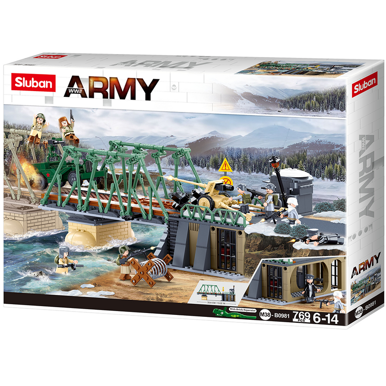 Army battle building kit box showing green launcher, soldiers, and fort scene