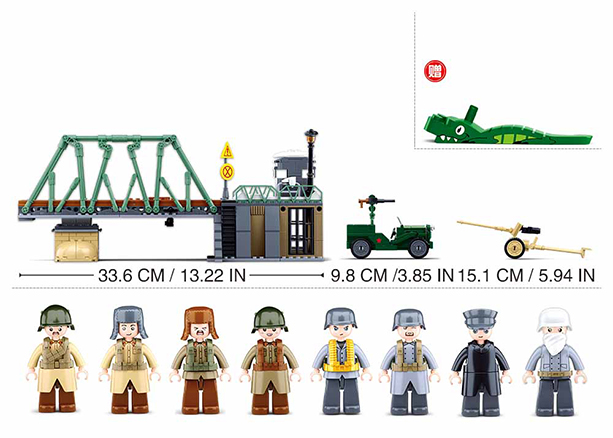 Army building set front view with minifigures, green launcher frame, and gray fort